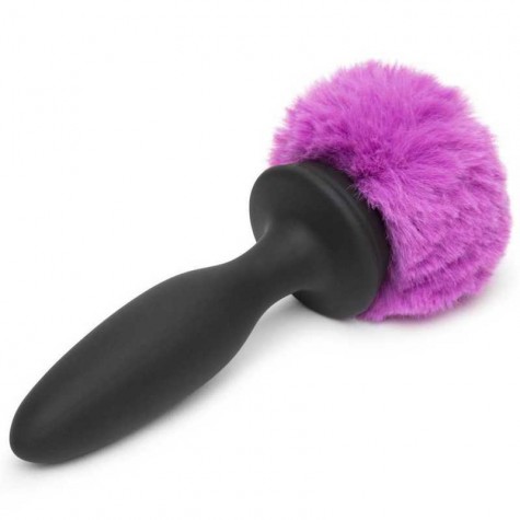 Черная анальная вибропробка Rechargeable Vibrating Bunny Tail Butt Plug Large - 14 см.